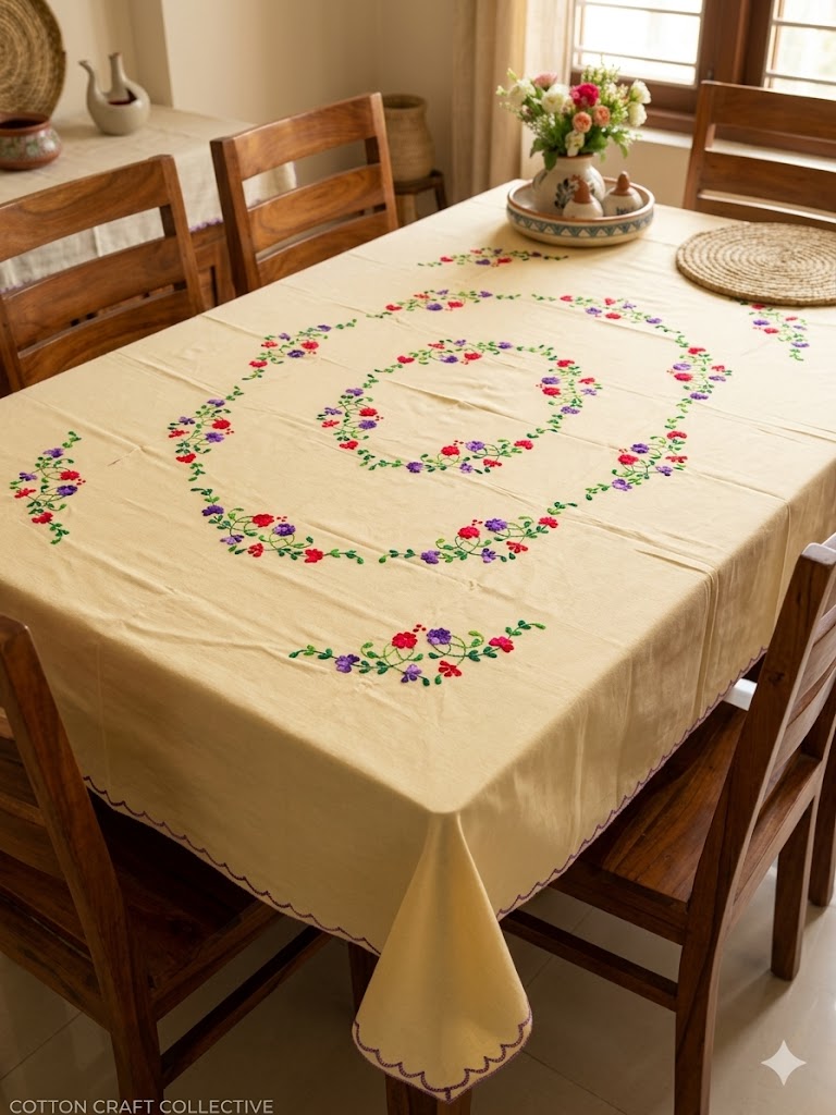 Hand Embroidered Floral Table Cover