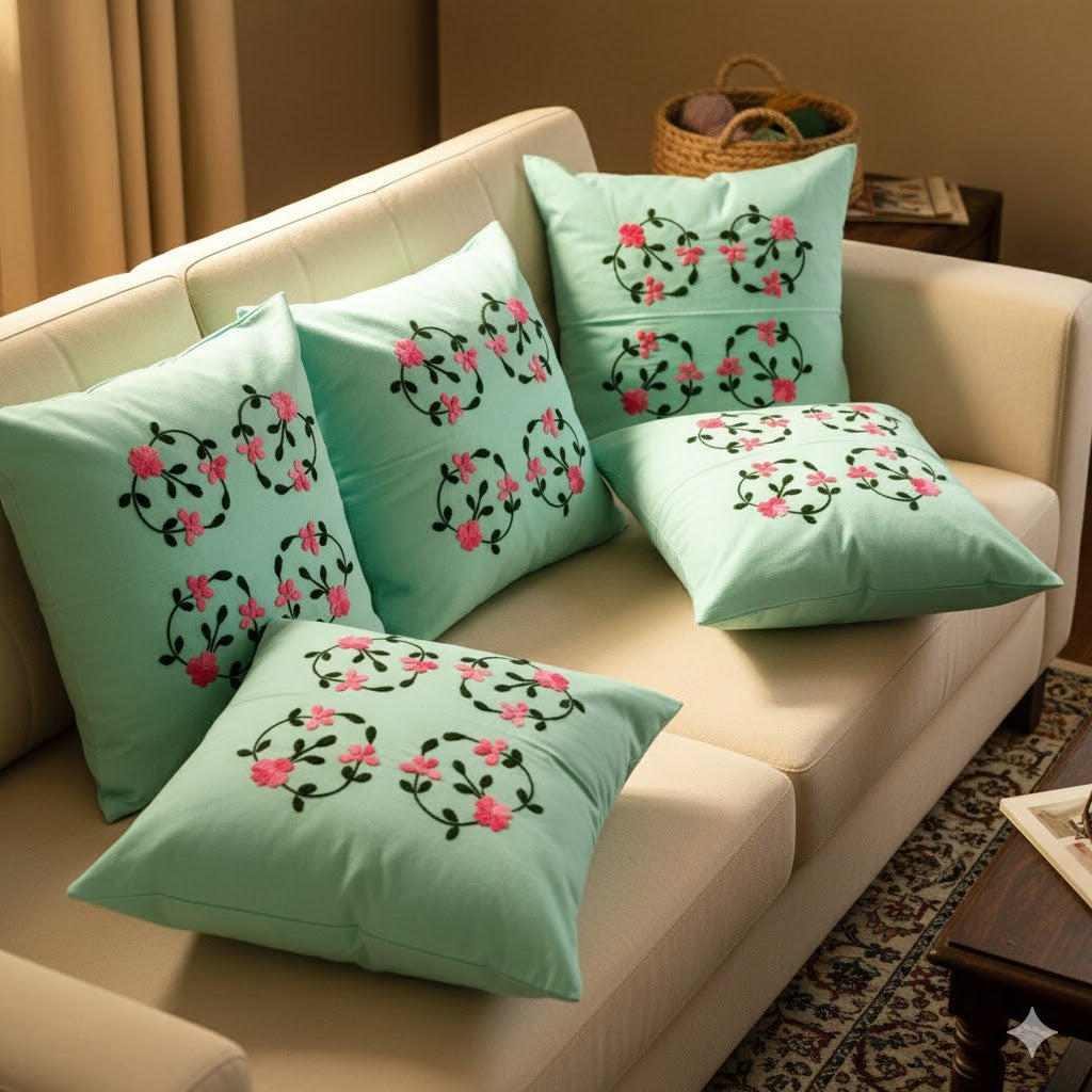 Hand Embroidered Cotton Cushion Covers (Set of 5)