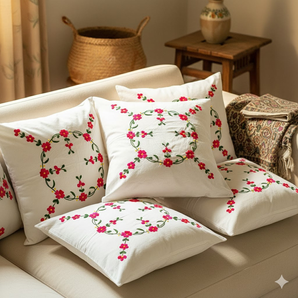 Hand Embroidered Cotton Cushion Covers (Set of 5)