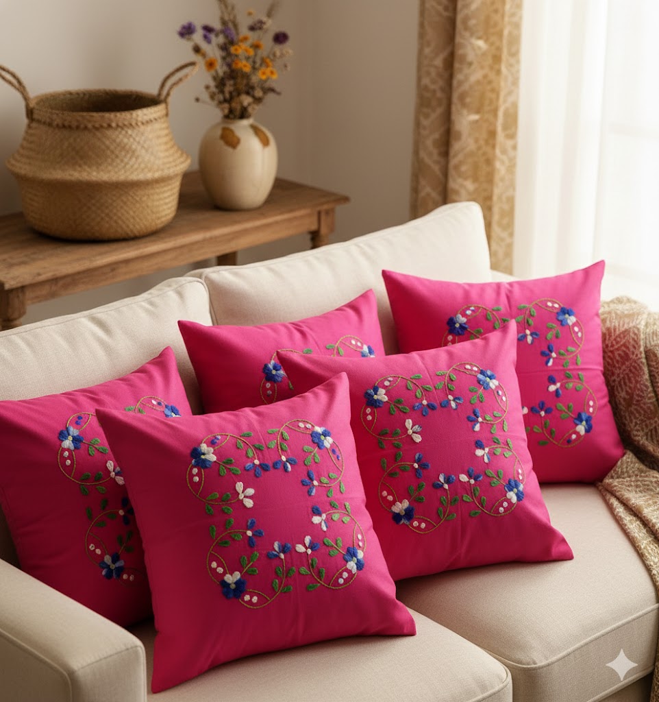 Hand Embroidered Cotton Cushion Covers (Set of 5)