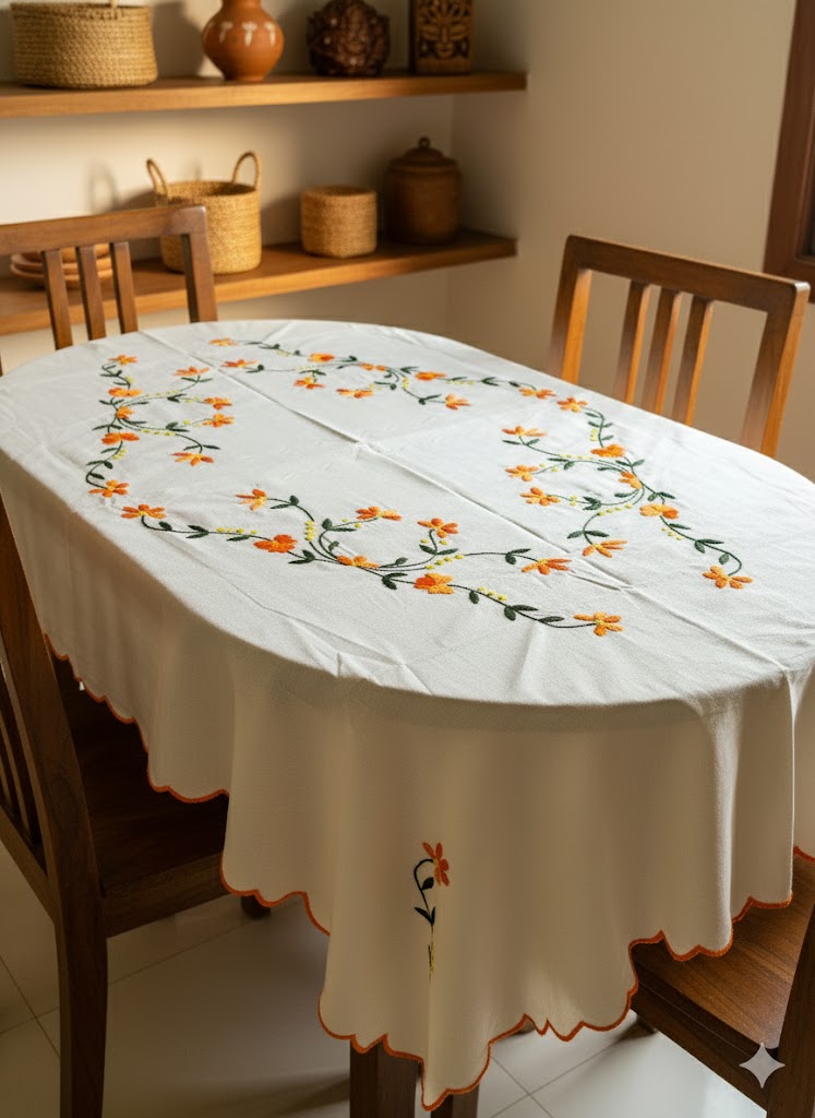 Hand Embroidered Floral Table Cover