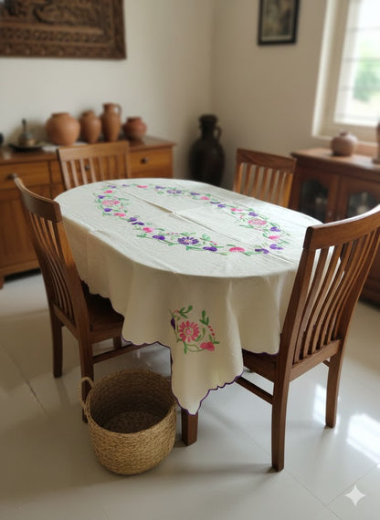 Hand Embroidered Floral Four Seater Table Cover