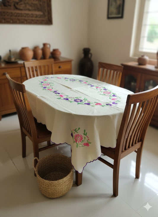 Hand Embroidered Floral Four Seater Table Cover