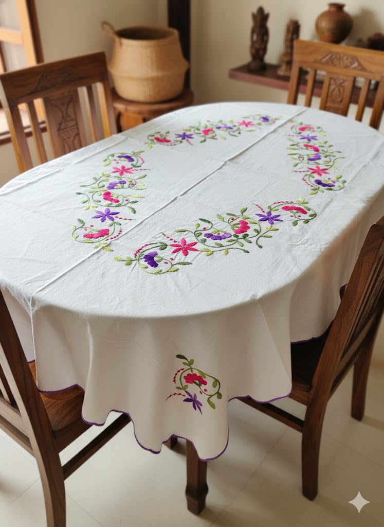 Hand Embroidered Floral Table Cover