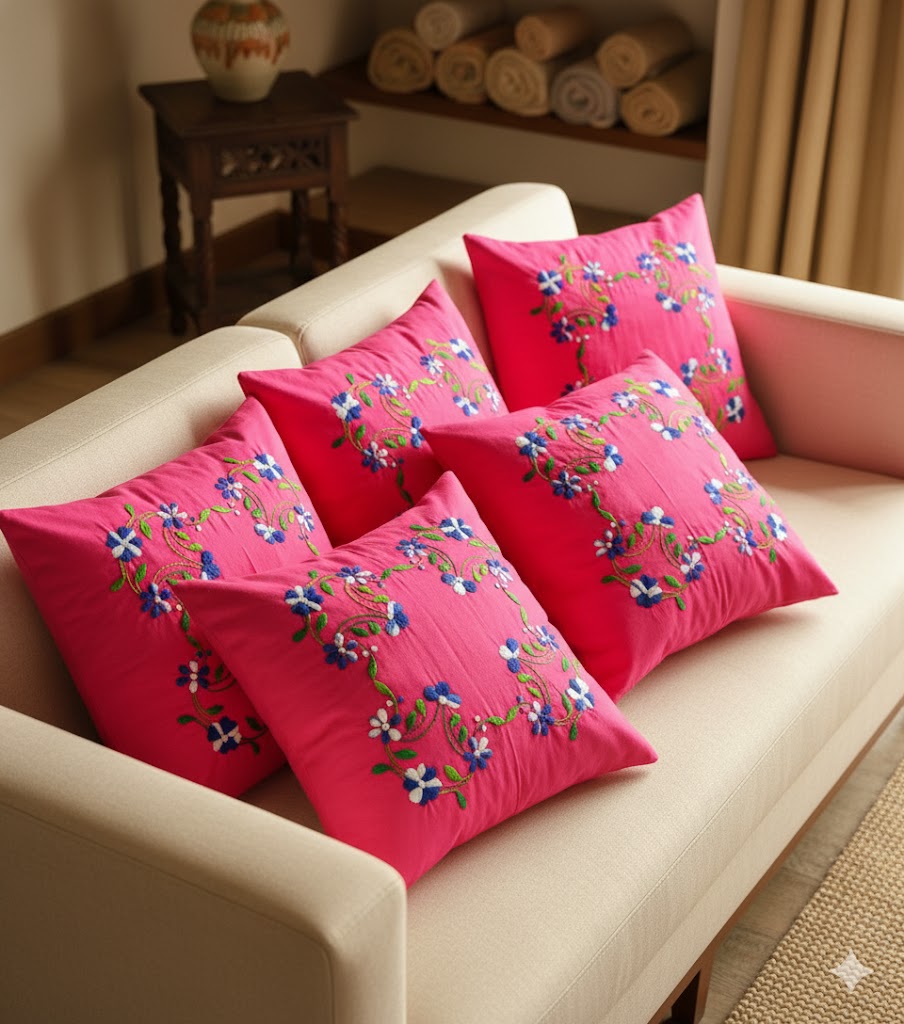 Hand Embroidered Cotton Cushion Covers (Set of 5)