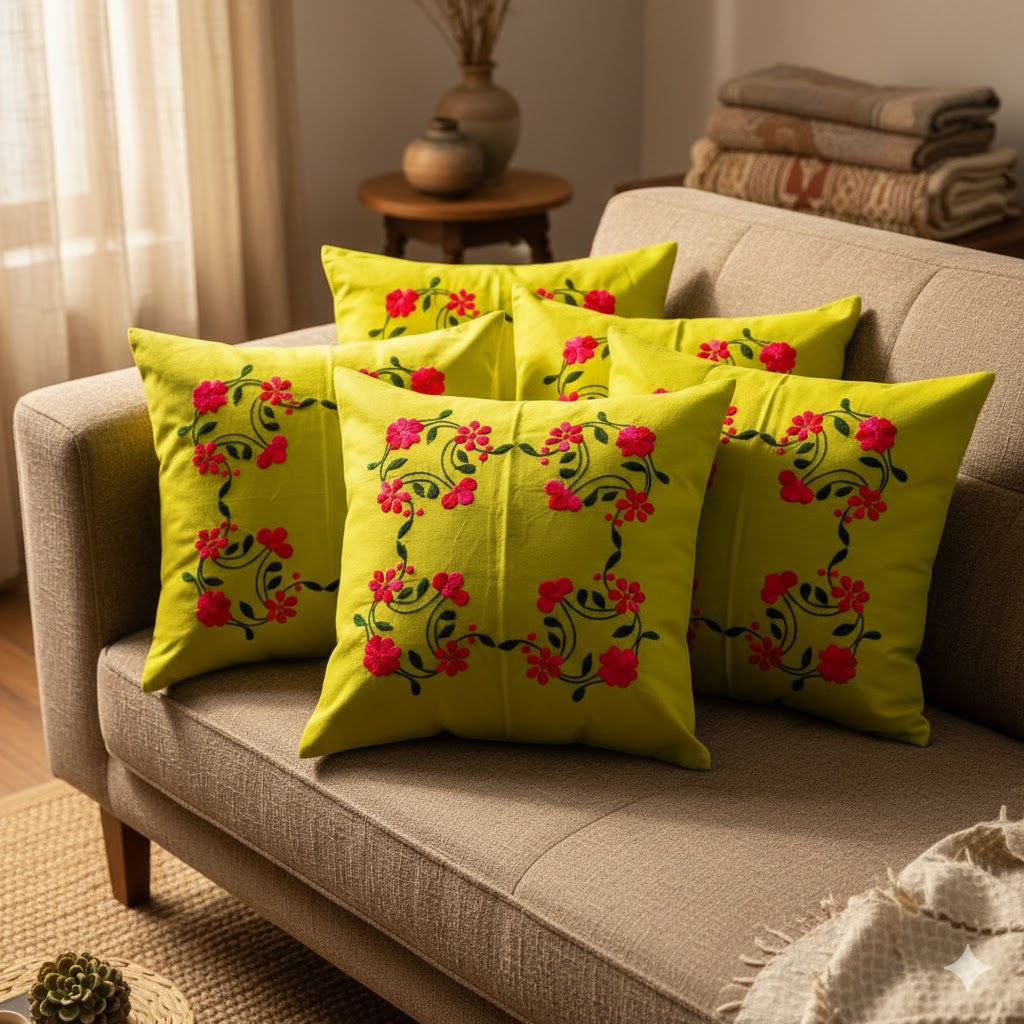 Hand Embroidered Cotton Cushion Covers (Set of 5)