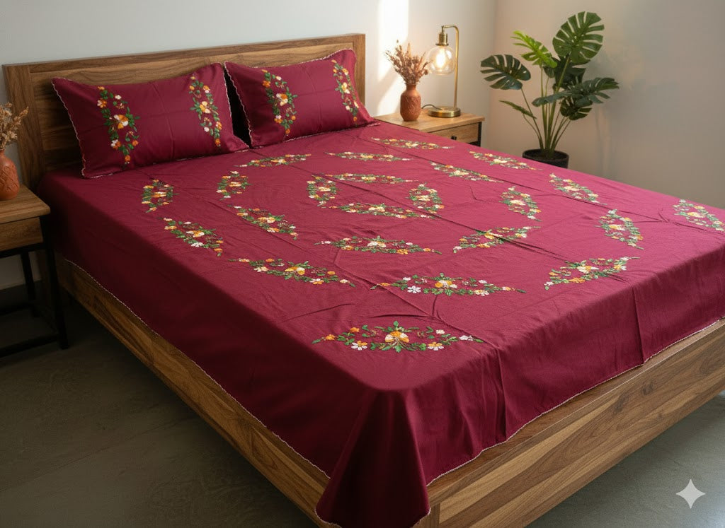 Chikonwala's Hand Embroidered Floral Design Bedsheet