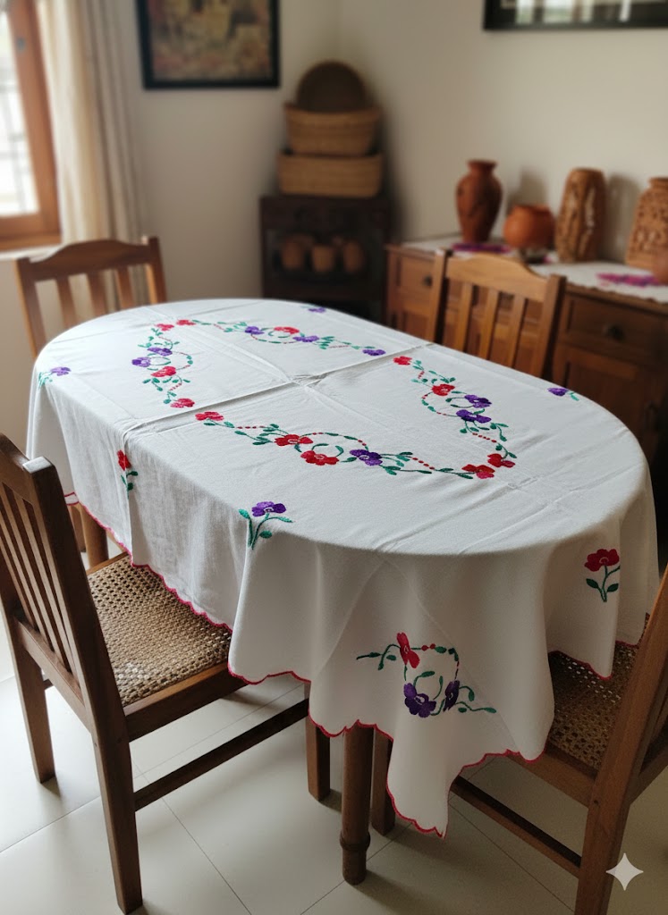 Hand Embroidered Floral Four Seater Table Cover
