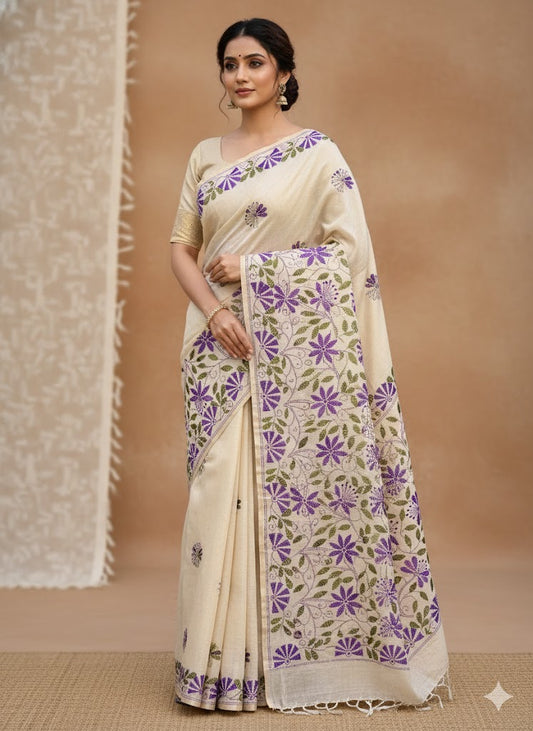 Premium Handcrafted Kantha Work Chanderi Saree with Blouse Piece