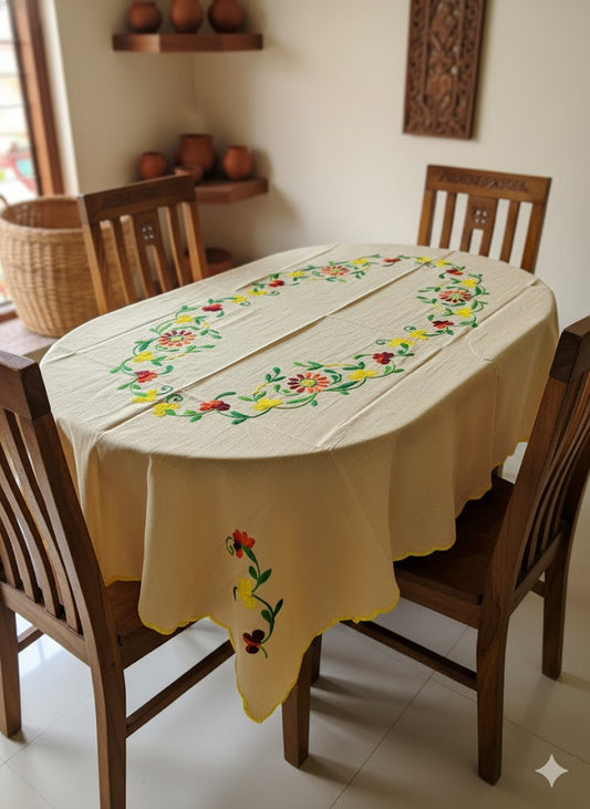 Hand Embroidered Floral Four Seater Table Cover