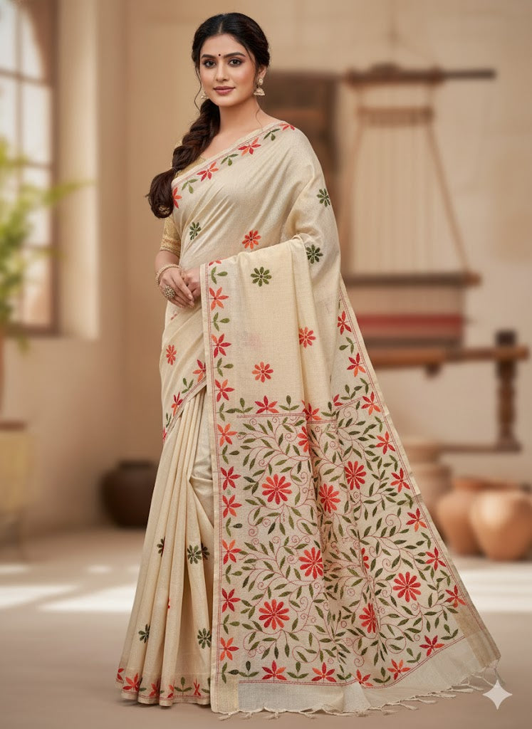 Premium Handcrafted Kantha Work Chanderi Saree with Blouse Piece