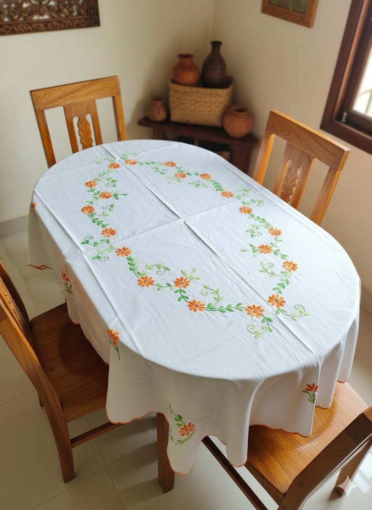 Hand Embroidered Floral Four Seater Table Cover