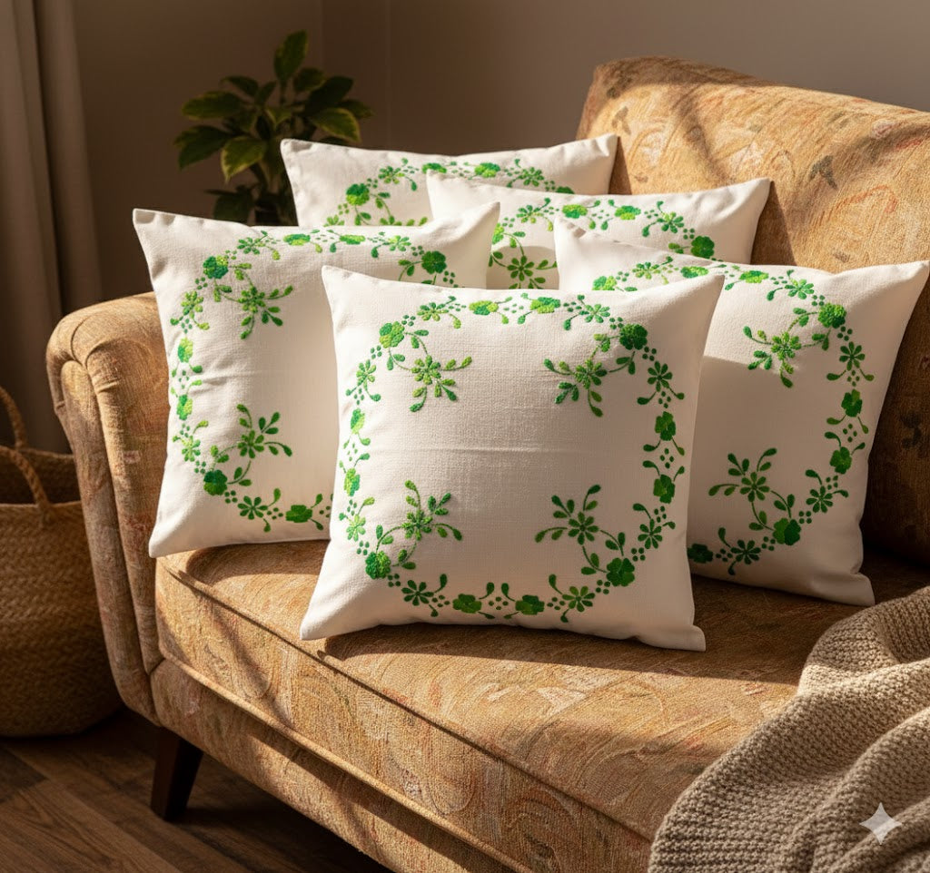 Hand Embroidered Cotton Cushion Covers (Set of 5)