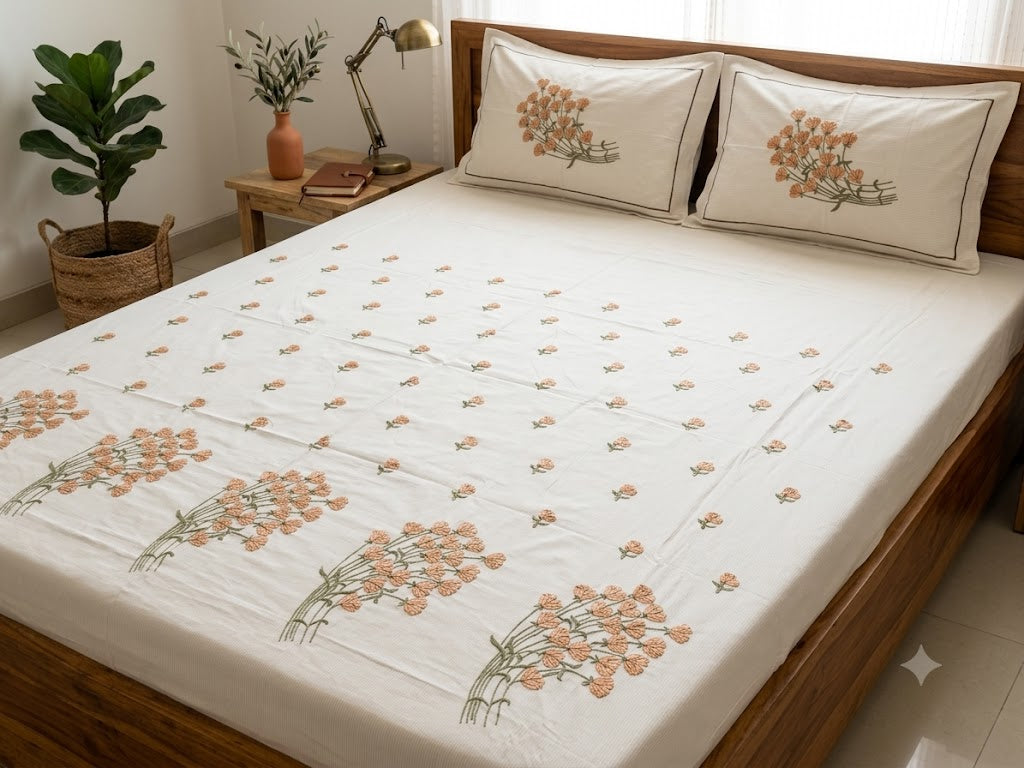 Premium Designer Embroidered Satin Cotton Bedsheet Set