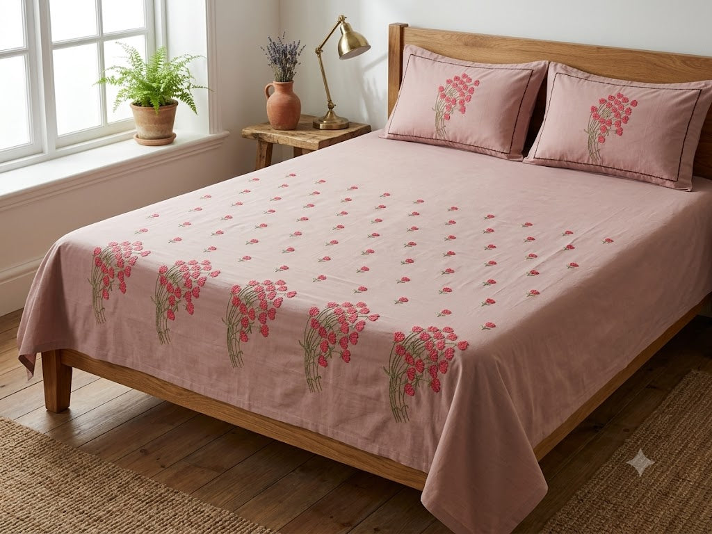 Premium Designer Embroidered Satin Cotton Bedsheet Set