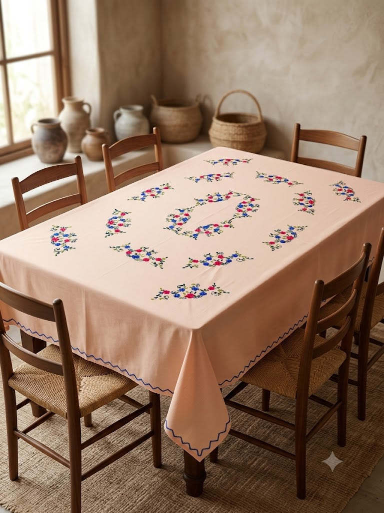 Hand Embroidered Floral Six Seater Table Cover