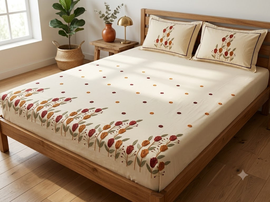 Premium Designer Embroidered Satin Cotton Bedsheet Set