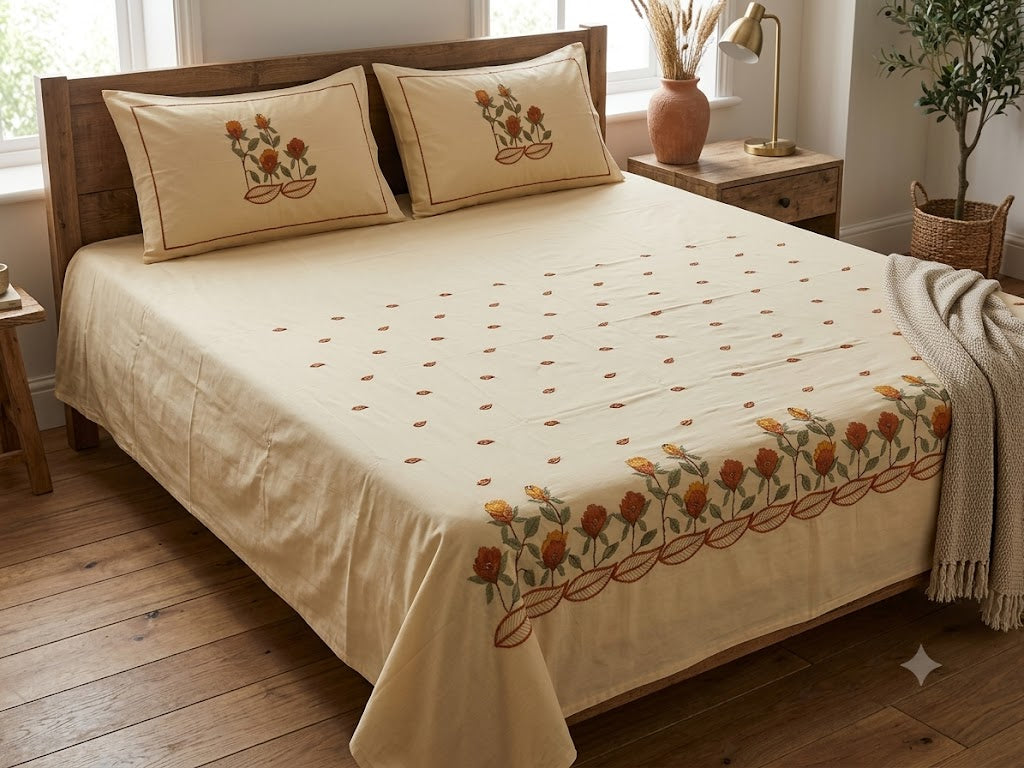 Premium Designer Embroidered Satin Cotton Bedsheet Set