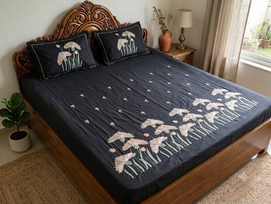 Premium Designer Embroidered Satin Cotton Bedsheet Set