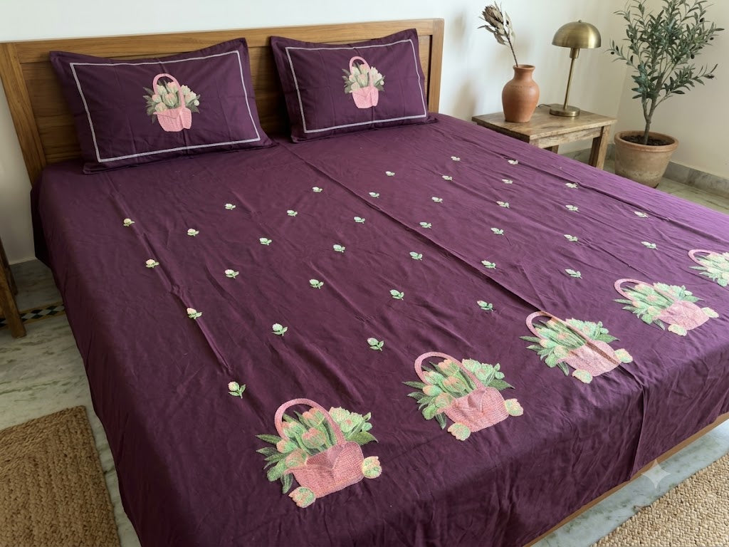 Premium Designer Embroidered Satin Cotton Bedsheet Set