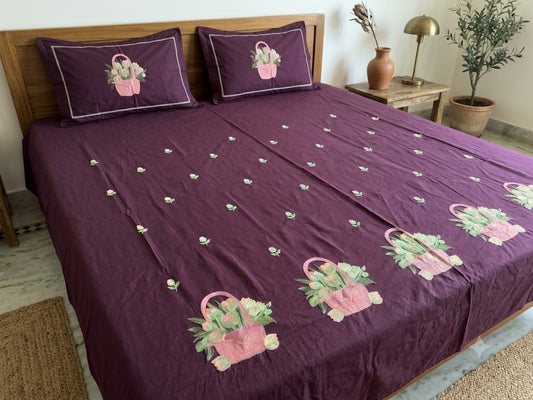 Premium Designer Embroidered Satin Cotton Bedsheet Set