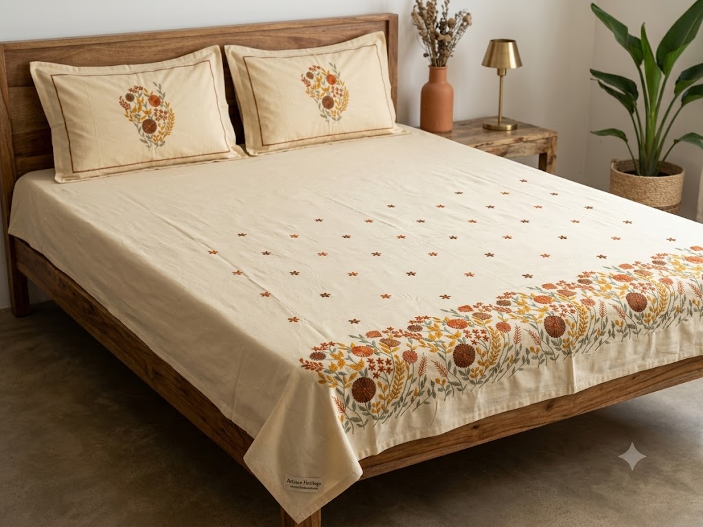 Premium Designer Embroidered Satin Cotton Bedsheet Set