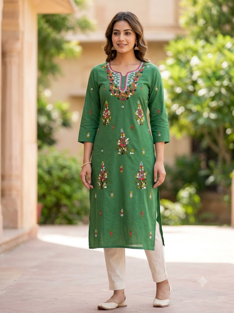 Hand Embroidered Pure Cotton Kurti Material | 3 Meter Premium Fabric | Made in India