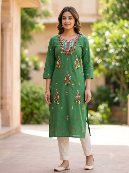 Hand Embroidered Pure Cotton Kurti Material | 3 Meter Premium Fabric | Made in India