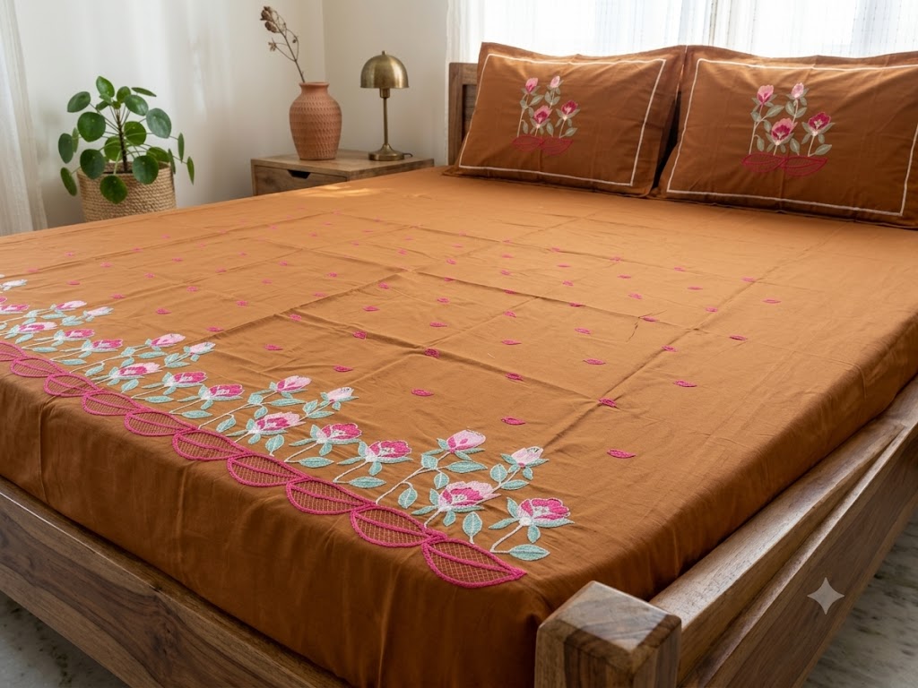 Premium Designer Embroidered Satin Cotton Bedsheet Set