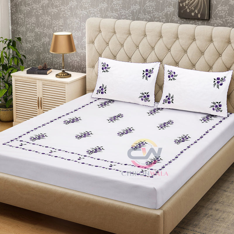 Chikonwala's Floral Embroidered Pure White King Size Bedsheet