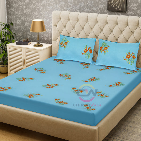 Chikonwala's Hand embroidered Sky blue floral Bedsheet