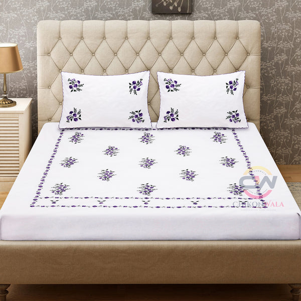 Chikonwala's Floral Embroidered Pure White King Size Bedsheet