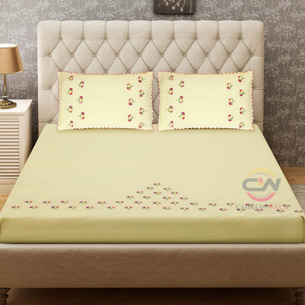 Chikonwala's Exclusive Hand Embroidered Cotton Cream Bedsheet