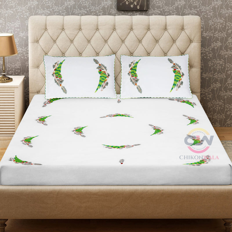 Chikonwala's Parrot Embroidered White Cotton Bedsheet