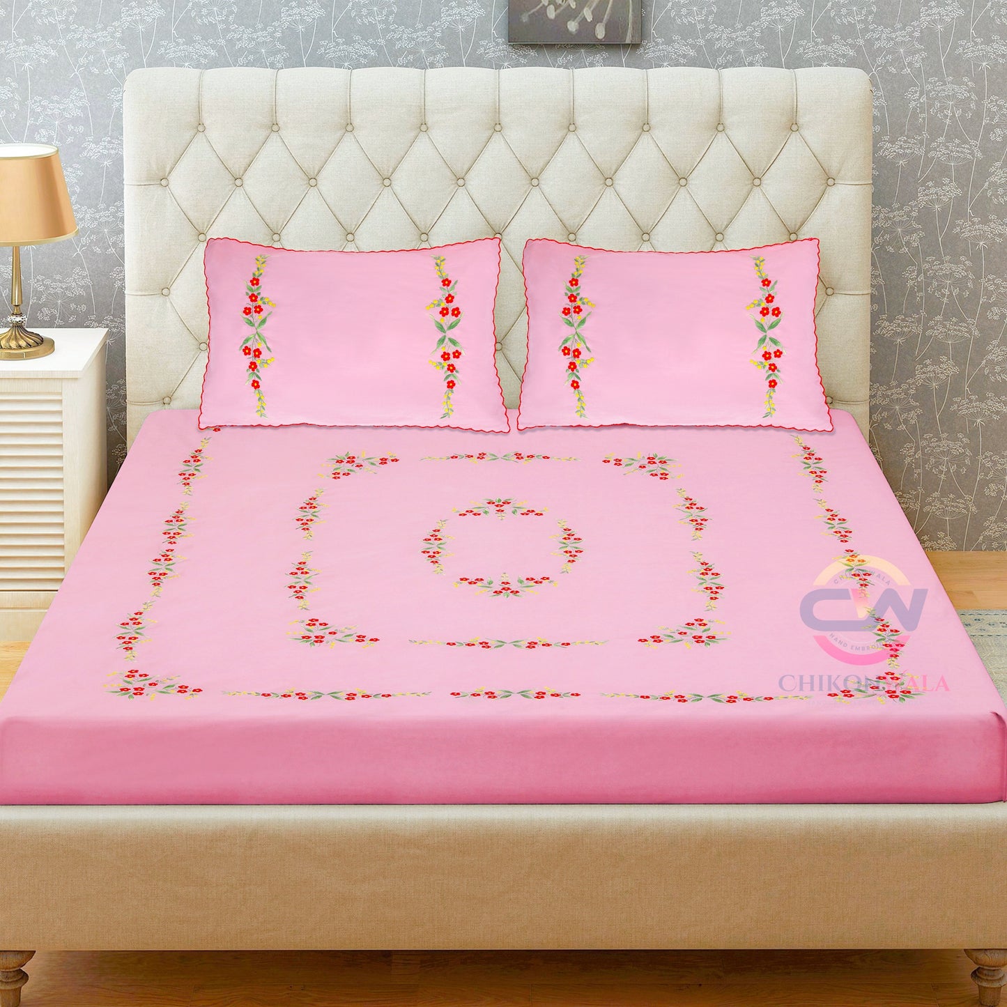 chikonwala's Hand Embroidered Baby Pink cotton Bedsheet