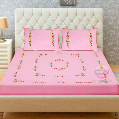 chikonwala's Hand Embroidered Baby Pink cotton Bedsheet