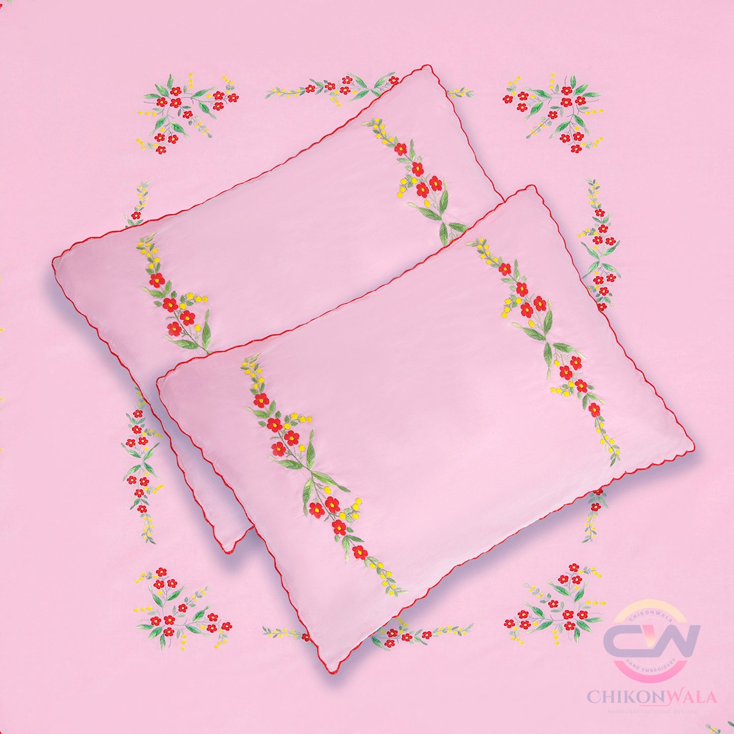 chikonwala's Hand Embroidered Baby Pink cotton Bedsheet