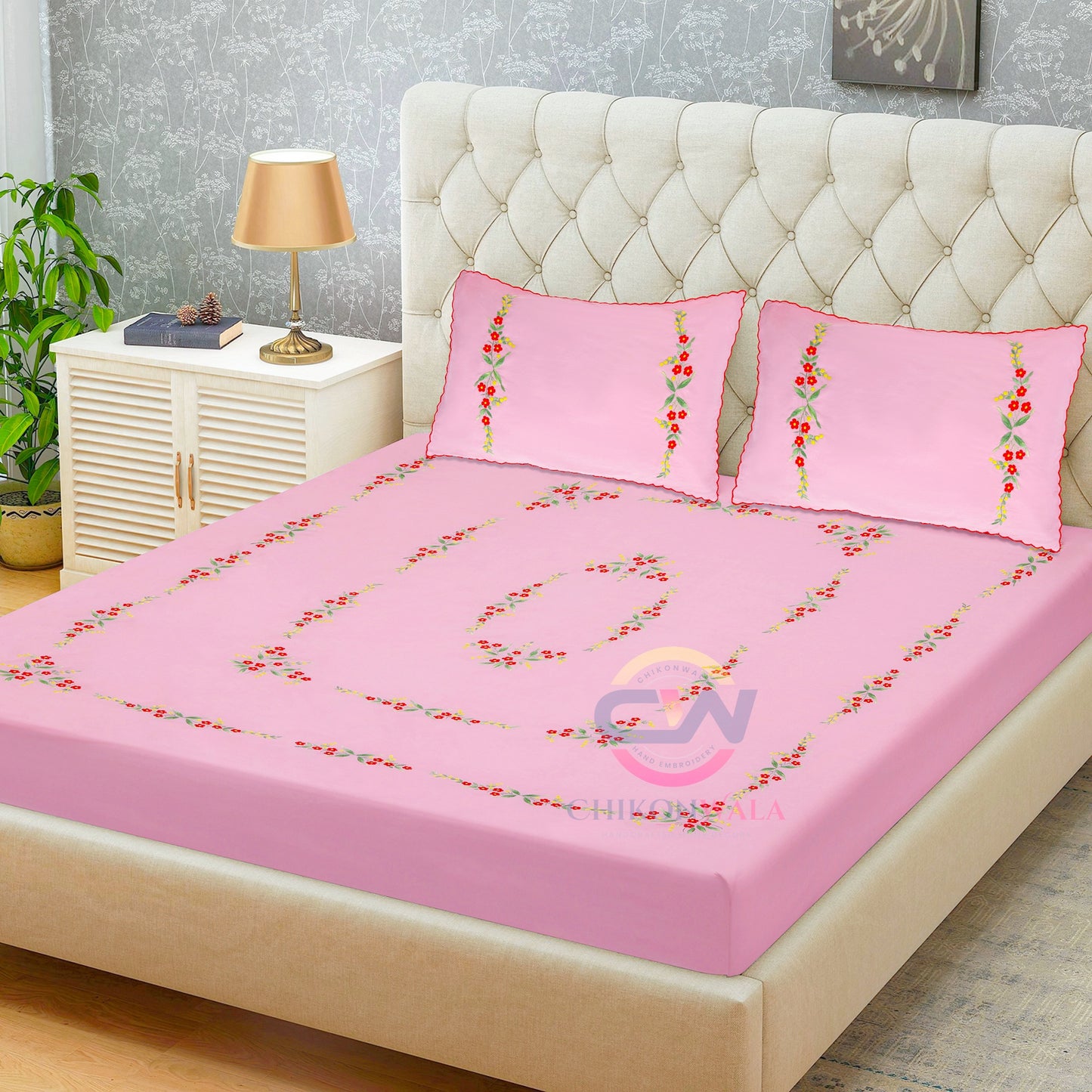 chikonwala's Hand Embroidered Baby Pink cotton Bedsheet