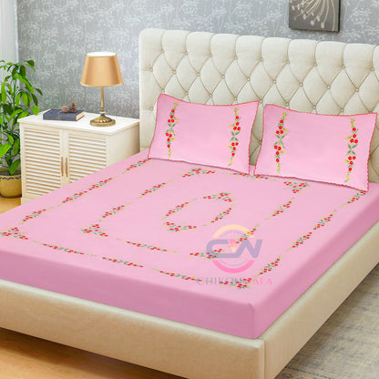 chikonwala's Hand Embroidered Baby Pink cotton Bedsheet