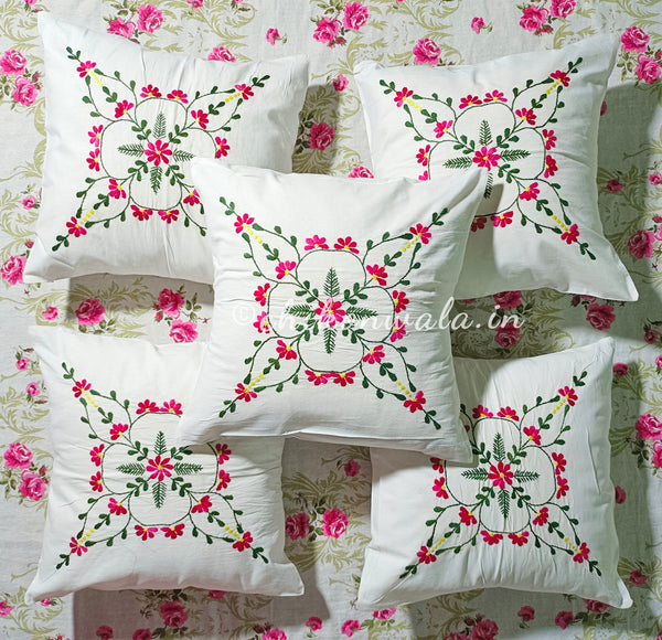 Hand Embroidered Cotton Cushion Covers (Set of 5)